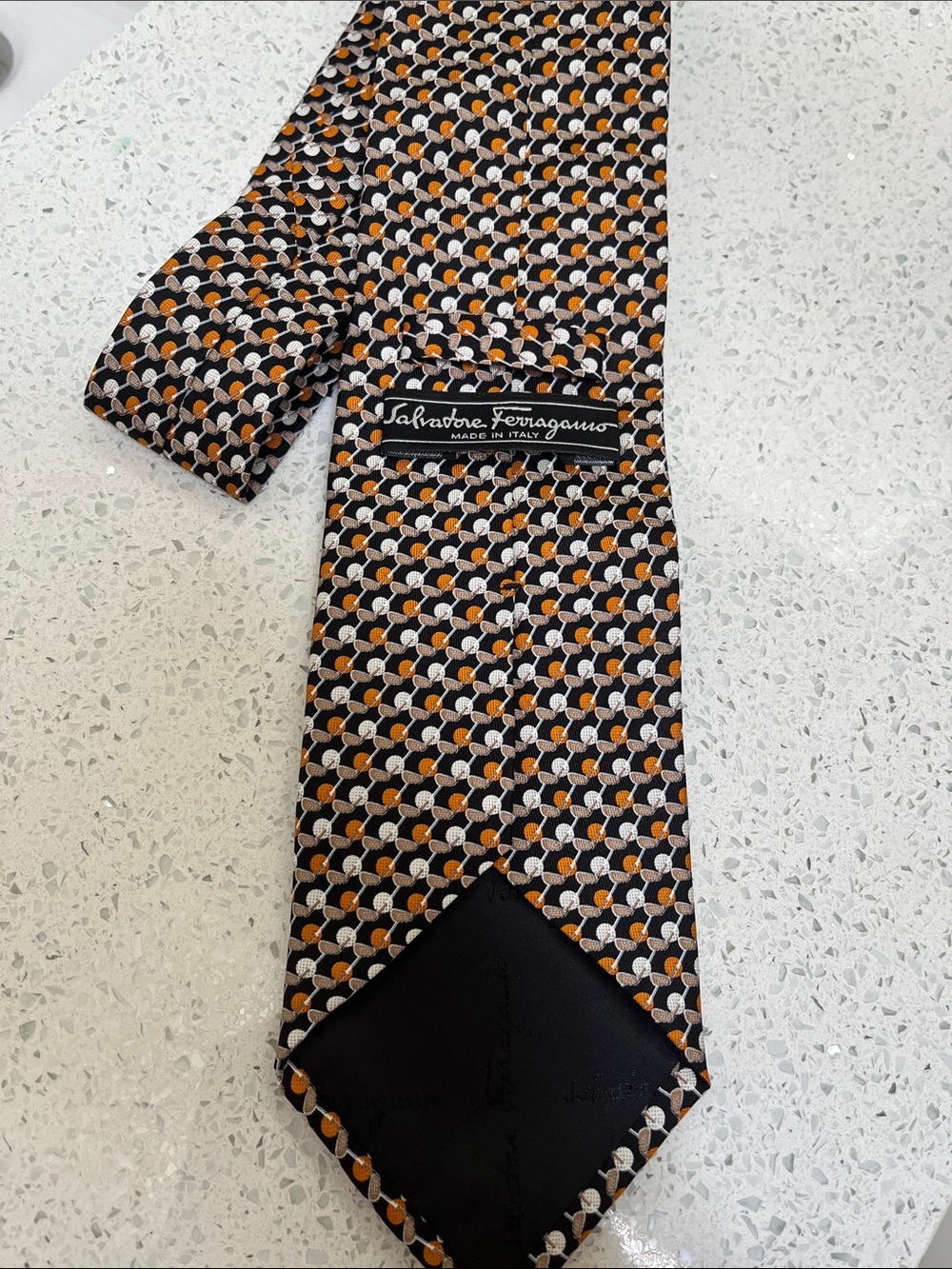 Salvatore Ferragamo Black, Tan, Orange & Cream Silk Tie with Golf Club and Balls